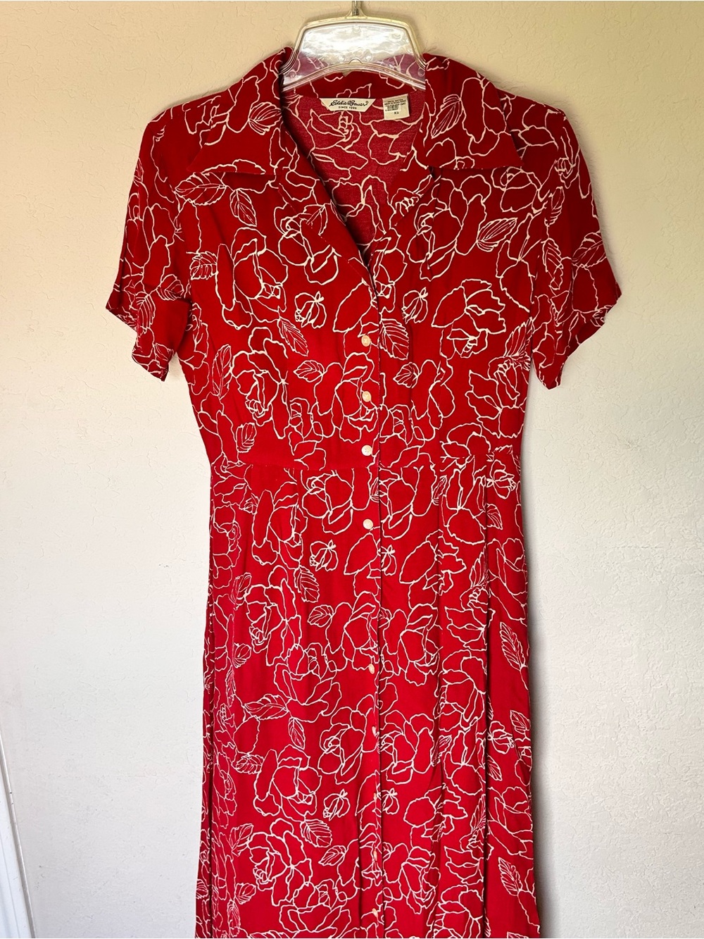 Vintage Eddie Bauer Red White Floral Button-Down Shirt Dress - Picture 7 of 7
